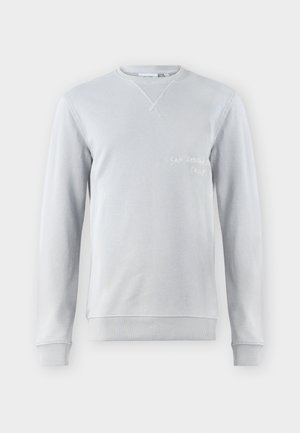 Light gray sweatshirt, cotton blend, crew neck, ribbed detailing at collar and cuffs, features embroidered text "SAN BERNARD CALIF." on front.