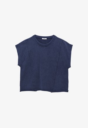 Mørkeblå kortærmet top med rund halsudskæring, der har en afslappet pasform, sømdetaljer og en let struktureret overflade.
