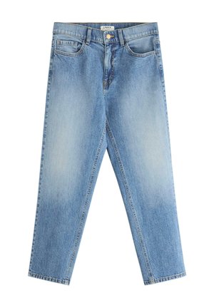 Vaaleansiniset, korkeavyötäröiset suorat farkut, joissa on etutaskut, nappi- ja vetoketjukiinnitys sekä hieman haalistumaa reisissä.