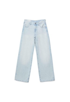 Lyseblå denimjeans med brede ben, foran knap- og lynlås-lukning samt skrå forlommer, lagt fladt på en hvid baggrund.
