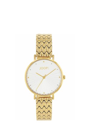 Gold wristwatch with patterned metal band, white dial, minimal hour markers, and slender gold hands showing 2:10:36.