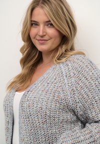 Light gray knitted cardigan with a textured pattern. Features v-neck, loose fit, and speckled accents in various colors.