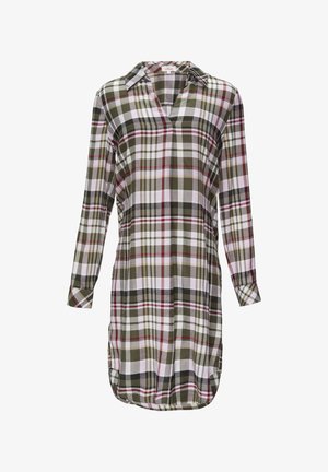 Kárované šaty na košeli v zelenej, bielej a burgundskej farbe. Vyrobené z mäkkej tkaniny, s golierom, dlhými rukávmi a zaobleným lemom. Obsahujú manžetu na gombík.