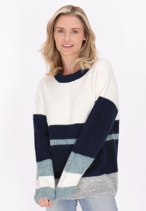 Il maglione lavorato a maglia presenta strisce orizzontali in blu navy, crema e azzurro chiaro, con un collo rotondo e maniche oversize, dal tocco morbido.