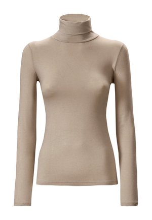 Top beige a maniche lunghe con collo alto e silhouette aderente, realizzato in tessuto liscio ed elastico.
