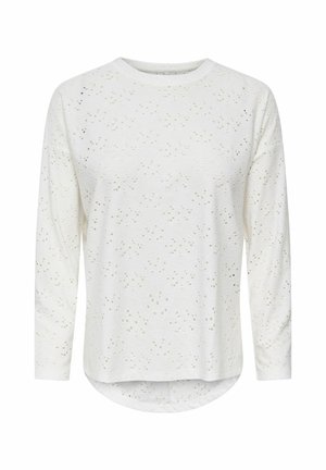 Biała koszula z długim rękawem, z fakturowanym wzorem z wycięciami w kształcie kropek i zaokrąglonym dołem. Wykonana z lekkiego materiału.