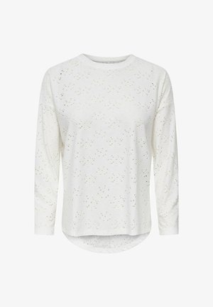 Biała koszula z długim rękawem, z fakturowanym wzorem z wycięciami w kształcie kropek i zaokrąglonym dołem. Wykonana z lekkiego materiału.