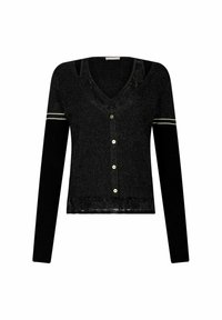 Cardigan nero con scollo a V, dettagli in pizzo sull'orlo, bottoni dorati e maniche lunghe a contrasto con una striscia bianca. Tessuto in maglia leggera.
