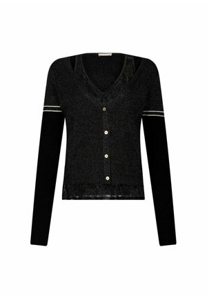Cardigan nero con scollo a V, dettagli in pizzo sull'orlo, bottoni dorati e maniche lunghe a contrasto con una striscia bianca. Tessuto in maglia leggera.