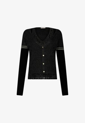 Cardigan nero con scollo a V, dettagli in pizzo sull'orlo, bottoni dorati e maniche lunghe a contrasto con una striscia bianca. Tessuto in maglia leggera.