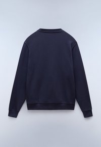 Donkerblauwe sweatshirt met een geribbelde ronde hals, lange mouwen en een rechte zoom. Zachte stof met minimale details.