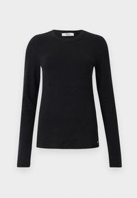 Zwarte lange mouwen crewneck fitted top met ribbelstructuur en een klein Replay-logo op de zoom tegen een witte achtergrond.