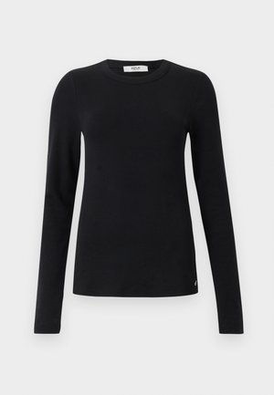 Zwarte lange mouwen crewneck fitted top met ribbelstructuur en een klein Replay-logo op de zoom tegen een witte achtergrond.