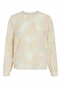 Blouse Vila Floral en tissu crème transparent ; présente un motif floral en relief, des manches longues et un col rond festonné avec une fermeture au dos.