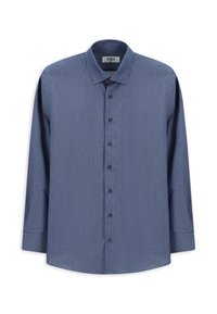 Koszula zapinana na guziki z długim rękawem w ciemnoniebieskim kolorze z delikatnym wzorem teksturalnym i klasycznym kołnierzykiem. Posiada ciemne guziki z przodu.