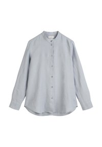 Chemise en lin bleu clair avec un col rond, des manches longues et un devant à boutons. Ourlet légèrement arrondi et coupe décontractée.