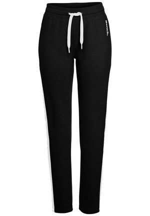 Schwarze Slim-Fit-Sweatpants mit weißen Seitenstreifen, elastischem Bund, weißem Kordelzug und „Bench.“-Logo an der linken Hüfte.
