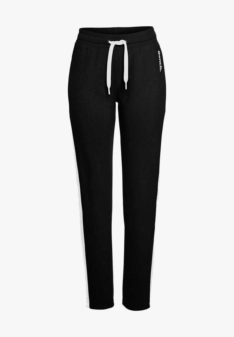Black slim-fit sweatpants with white side stripes, elastic waistband, white drawstring, and "Bench." logo on the left hip.
