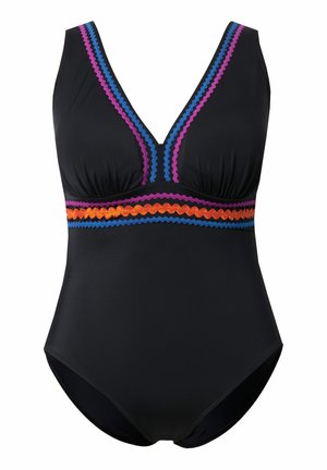 Czarny jednoczęściowy strój kąpielowy z głębokim dekoltem w kształcie litery V, z fioletową, niebieską i pomarańczową lamówką w zygzak wzdłuż dekoltu i pod biustem.