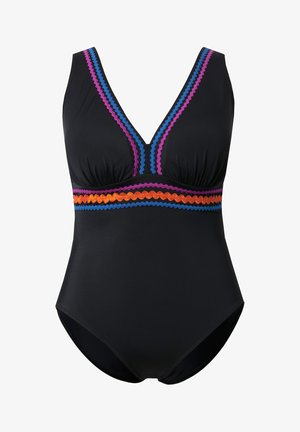Czarny jednoczęściowy strój kąpielowy z głębokim dekoltem w kształcie litery V, z fioletową, niebieską i pomarańczową lamówką w zygzak wzdłuż dekoltu i pod biustem.