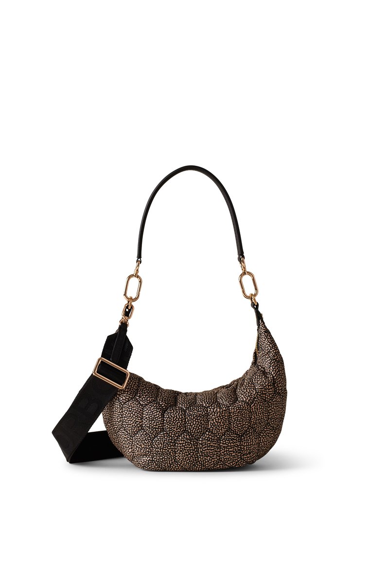 Brown patterned handbag with a curved shape, textured fabric, black shoulder strap, and gold-tone hardware accents.