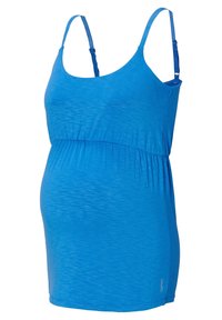 Těhotenský top bez rukávů, lehký, modrý materiál s mírně texturovaným povrchem. Obsahuje nastavitelné ramínka a elastický pas pro přiléhavý střih.