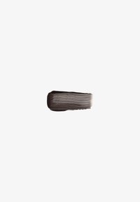Horizontal brush stroke of dark brown paint with ridged texture on plain white background.