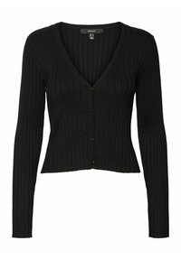 Musta ribbi-neulejakko pitkilla hihoilla, V-pääntiellä, lyhyt muotoilu ja nappisuljenta edessä. Valmistettu pehmeästä, joustavasta materiaalista.