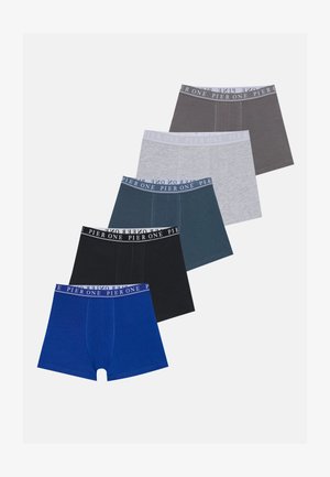Pakke med fem boxershorts i blå, sort, mørkegrå, mellemgrå og teal; lavet af blødt stof med elastiske taljer med logo.
