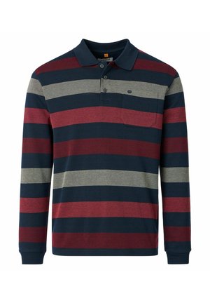 Langærmet polo med vandrette striber i marineblå, grå og mørkerød, med krave, knapper og en lille brystlomme.