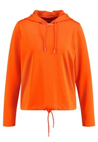 Sudadera naranja con dobladillo ajustado, mangas largas y cordones. Tela suave con una textura lisa y un diseño sencillo y casual.