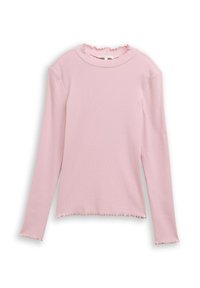 Bluzka z długim rękawem w jasnoróżowym kolorze, wykonana z prążkowanej dzianiny, z falbaniastym dekoltem i dołem, o dopasowanym kroju i minimalnej rozciągliwości.