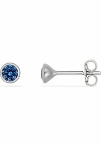 Orecchini a bottone con pietre azzurre rotonde, in metallo di tonalità argento con una finitura lucida e un design semplice con chiusura a perno.