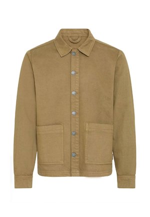 Veste boutonnée couleur beige avec col, manches longues et deux grandes poches plaquées à l'avant.