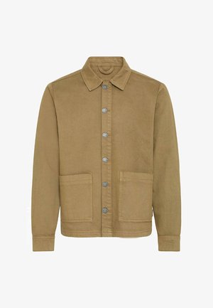 Világosbarna gombos dzseki gallérral, hosszú ujjakkal és két nagy elülső varrt zsebbel.