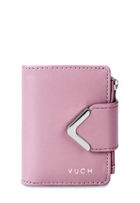 Pink leather wallet with a silver hardware accent, featuring a zip closure and a compact design. Stitched detailing along the edges.