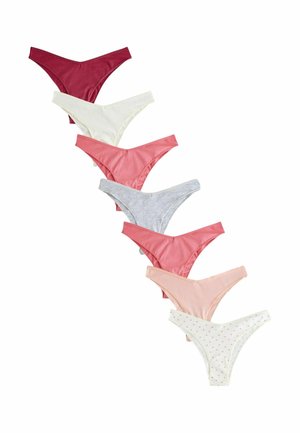 Sex kvinnotrosor i bikini-stil i olika färger, inklusive vinröd, vit, rosa, grå, persika och vit med rosa prickar, arrangerade vertikalt.