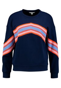 Sudadera de marina con mangas largas, que presenta un patrón de rayas diagonales en naranja, rosa y azul claro en el pecho y las mangas.