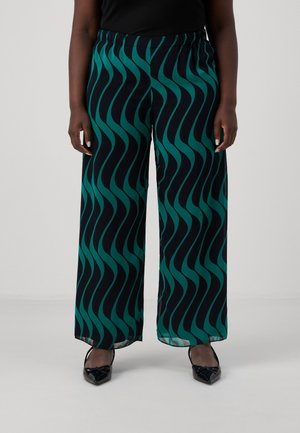 Wide-leg pants in black fabric with a teal wave pattern. Features an elastic waistband and a smooth, lightweight texture.