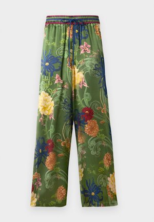 Green floral pants with a wide leg design, featuring multicolored patterns of flowers and swirling vines. Elastic waistband with drawstring.