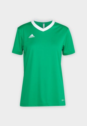 Maglia sportiva verde con colletto a V bianco e maniche corte. Realizzata in tessuto traspirante con logo Adidas sul lato sinistro del petto.