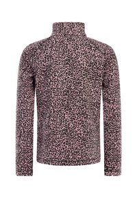 Ružový pulóver s vysokým golierom, so vzorom čiernych leopardích škvŕn, dlhými rukávmi a mäkkou textúrovanou tkaninou.