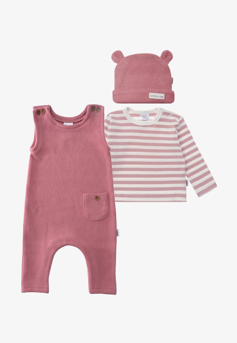 Pink cotton baby overall with two button closures, a patch pocket, a striped long-sleeve shirt, and a matching pink hat with bear ears.