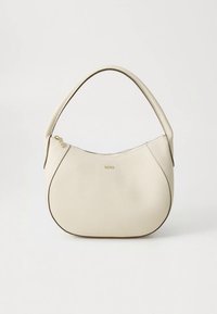 Τσάντα χειρός από κρεμ δερμάτινο με στρογγυλεμένο σχέδιο, λαβή στην κορυφή, διακοσμητικά στοιχεία σε χρυσό και λεία υφή με αντίθετο περίγραμμα.