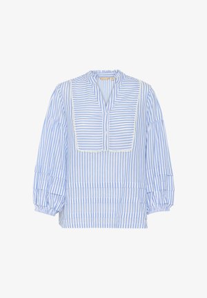 Pikade särk helesinistes ja valgetes vertikaalsetes triipudes, omades lõhiku kaelaosa, nööpide eesmist sulgemist ja tekstuurelemente äärtes.