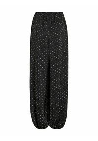 Pantalon noir ample à pois blancs, taille élastique et poignets élastiques aux chevilles.