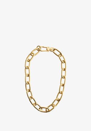 Collier chaîne en or avec des maillons ovales allongés et une fermeture à clapet, présenté sur un fond blanc.