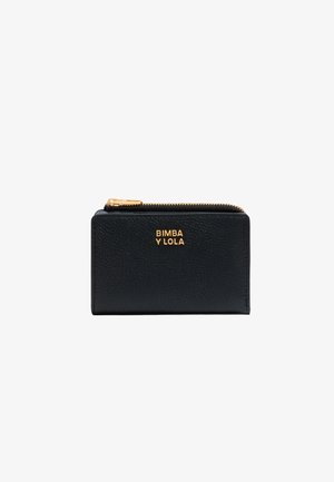 Black leather wallet with a textured finish, gold embossed logo "BIMBA Y LOLA," and a zip closure along the top edge.