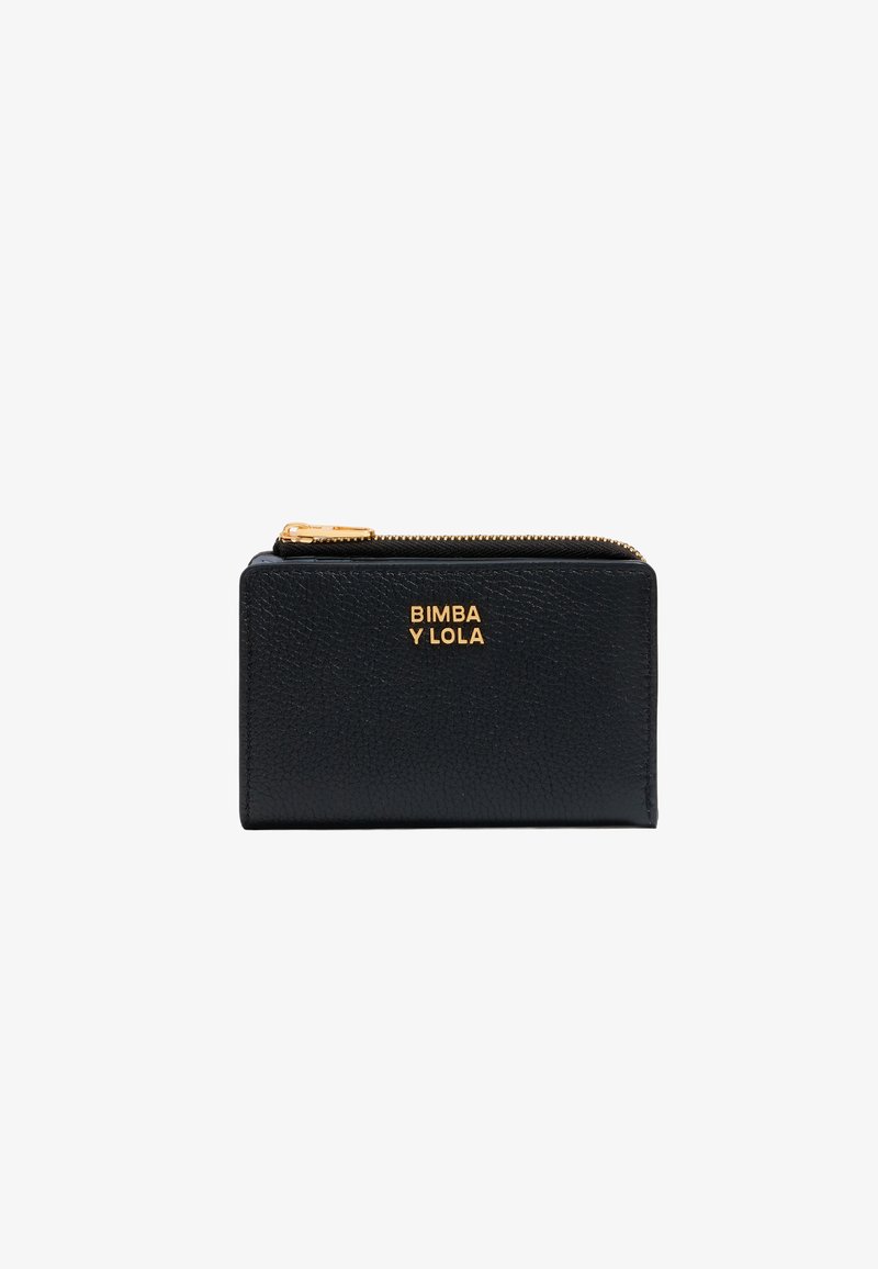 Black leather wallet with a textured finish, gold embossed logo "BIMBA Y LOLA," and a zip closure along the top edge.
