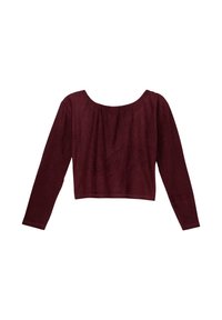 Bordeaux langslijf crop top van textuurstof met een wijd uitgesneden halslijn en subtiele plooidetail aan de voorkant.